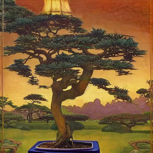 Image similar to Old African gardener cutting bonsai trees, isyllic Garden, by Annie Swynnerton and Nicholas Roerich and jean delville, glowing paper lanterns, strong dramatic cinematic lighting , ornate tiled architecture, lost civilizations, smooth, sharp focus, extremely detailed