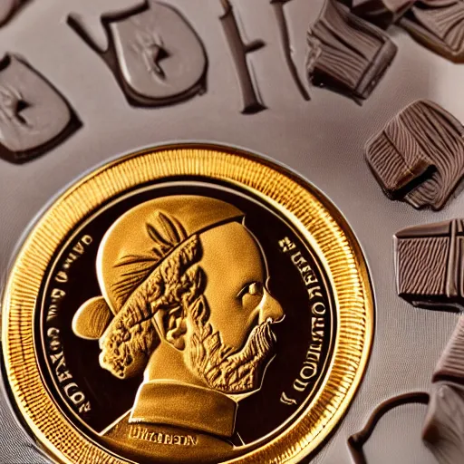 Prompt: A photograph of an unwrapped high quality swiss chocolate coin that is engraved with a portrait of a young bearded leon redbone smoking a cigar, highly detailed, close-up product photo, depth of field, sharp focus, appetizing, foil nearby