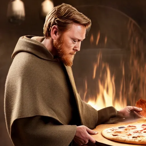 Prompt: A still of Obi-Wan Kenobi making a pizza, 4k, photograph, ultra realistic, highly detailed, professional lighting