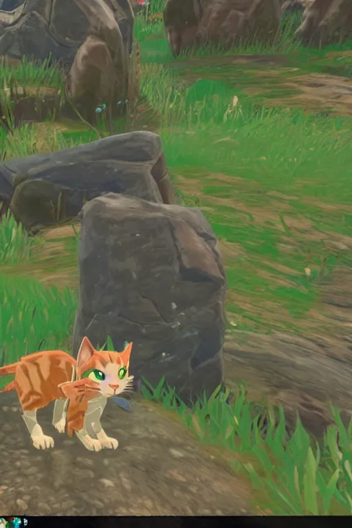 Prompt: in game footage of a cat from the legend of zelda breath of the wild, breath of the wild art style.