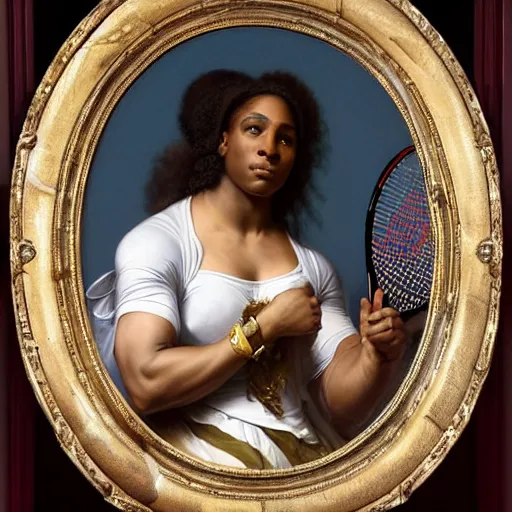 Image similar to Portrait of Serena Williams as Nike Goddess playing tennis, wings, luxuriant, dreamy, eternity, romantic, strong pose, highly detailed, in the style of Franz Xaver Winterhalter, highly detailed, in the style of Aetherpunk