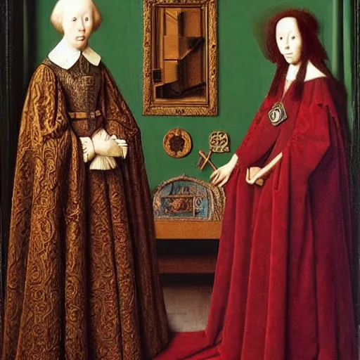 Image similar to the arnolfini portrait by jan van eyck, renaissance oil painting, 8 k, highly ornate intricate details, extreme detail,
