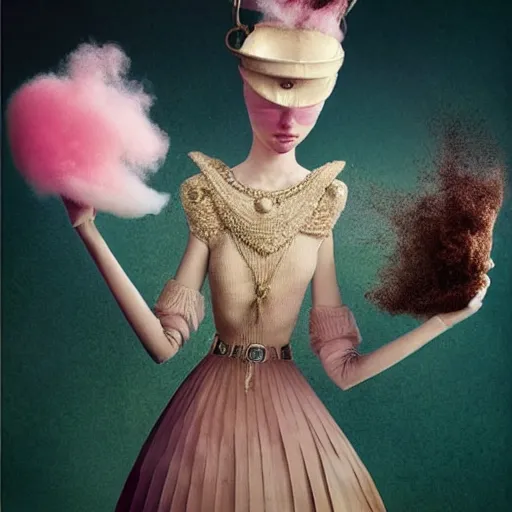 Image similar to a brown woman wearing a candy floss armor. super detailed. layered. textured. award winning. refracted lighting. fragile. by ray caesar. by louise dahl - wolfe, by andrea kowch. surreal photography.