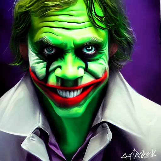 Image similar to mark hamill as the joker as luke skywalker, oil painting, artgerm, artstation, highly detailed, portrait