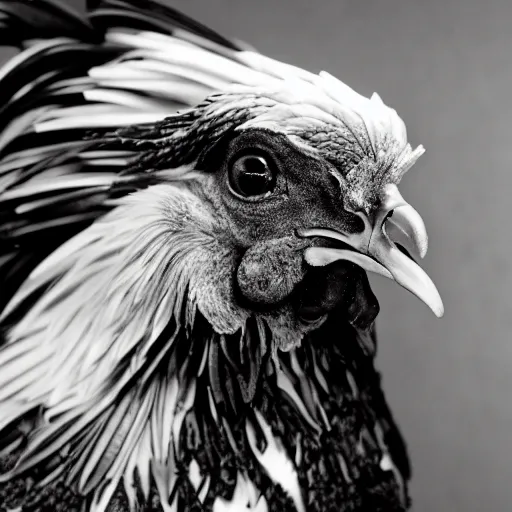 Prompt: A black and white 1900's photo of a chicken, close up, high detail, realistic.
