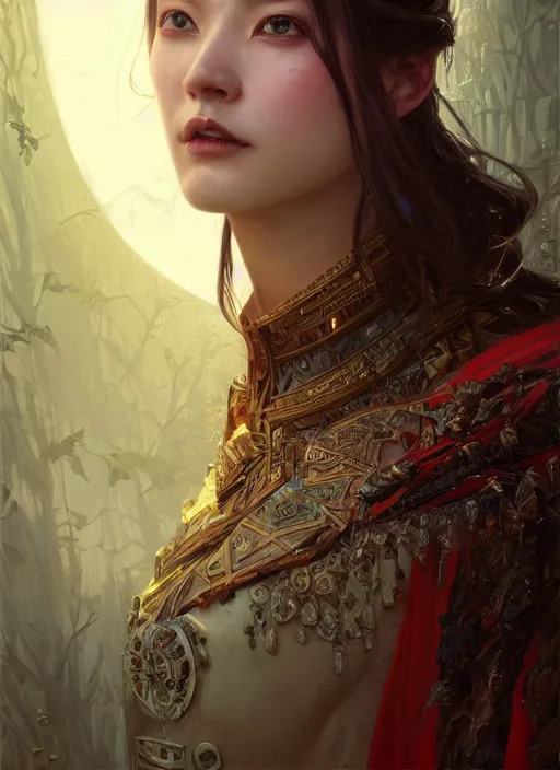 Image similar to highly detailed face portrait of majestic undead queen, stephen bliss, unreal engine, wuxia art by greg rutkowski, loish, rhads, ferdinand knab, makoto shinkai and lois van baarle, ilya kuvshinov, rossdraws, tom bagshaw, alphonse mucha, global illumination, radiant light, detailed and intricate environment