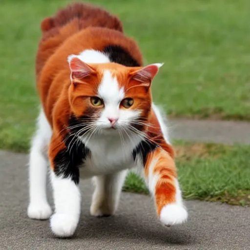 Image similar to a calico cat walking on two legs drawing