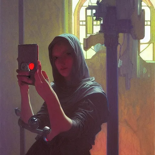 Image similar to cinematic scene of Death taking a selfie, modern, mucha, colorful, by Michael Whelan, William Adolphe Bouguereau, and Donato Giancola, highly rendered, beautiful, cyberpunk, moody lighting, glowing light and shadow, atmospheric, 8K