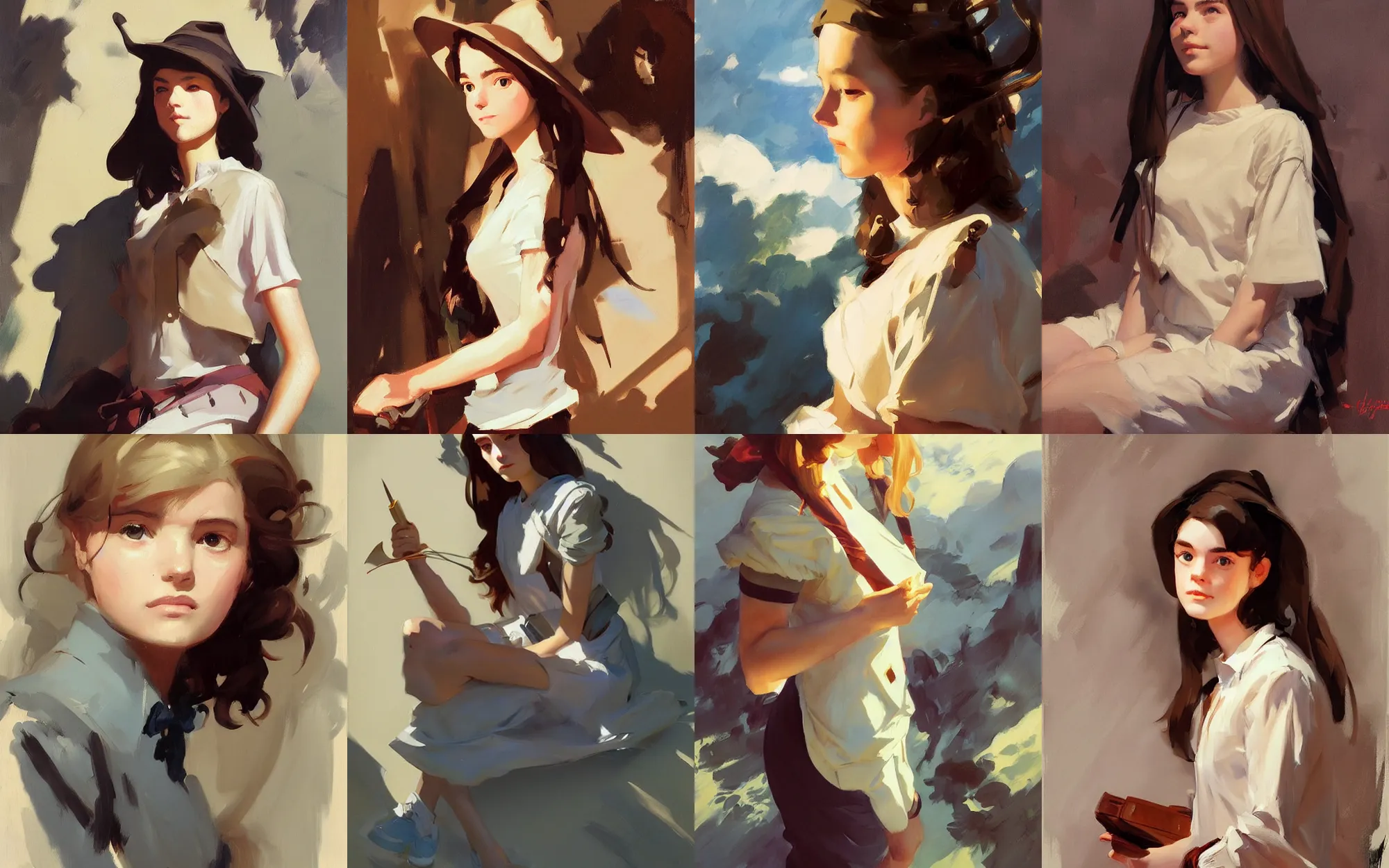 Prompt: portrait of teenage girl traveler greg manchess painting by sargent and leyendecker, studio ghibli, fantasy, medium shot, asymmetrical, intricate, elegant, matte painting, illustration, hearthstone, by greg rutkowski, by greg tocchini, by james gilleard, by joe fenton