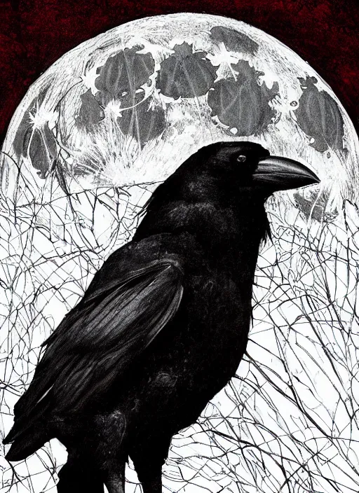 Image similar to portrait, A crow in front of the full big moon, book cover, red white and black colors, establishing shot, extremly high detail, foto realistic, cinematic lighting, pen and ink, intricate line drawings, by Yoshitaka Amano, Ruan Jia, Kentaro Miura, Artgerm, post processed, concept art, artstation, matte painting, style by eddie mendoza, raphael lacoste, alex ross