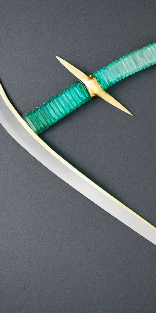 Image similar to photograph of a wide green and teal crystal sword blade attached to a big gold sword hilt