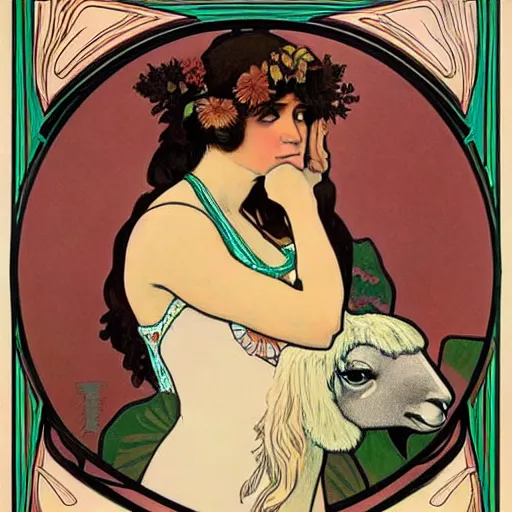 Prompt: art nouveau poster of a south american woman touching the head of a llama, her face shown in profile, in the style of alphonse mucha