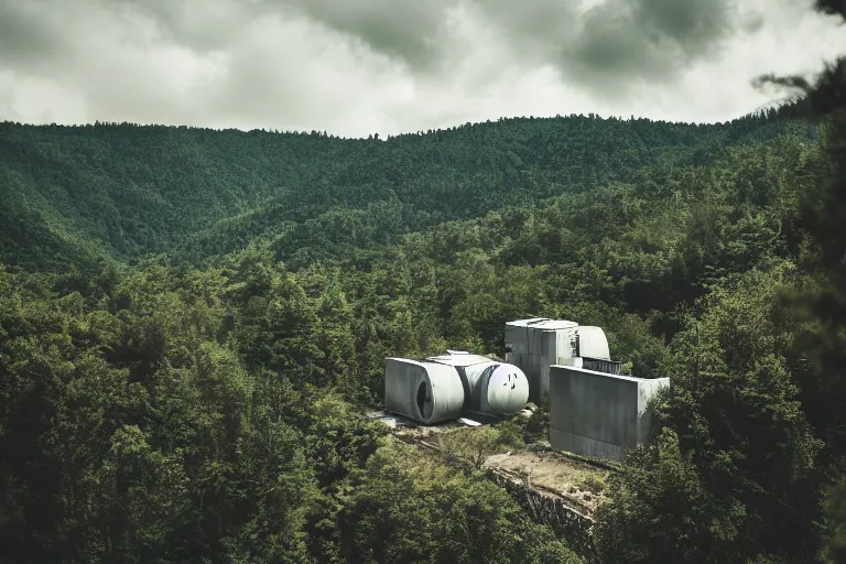 Image similar to sci fi nuclear containment buildings in a steep sided valley with trees, madman in gasmask fighting mutants, a sense of hope and optimism, birds overhead, stark light, day time, unsplash, national geographic, hd, high res