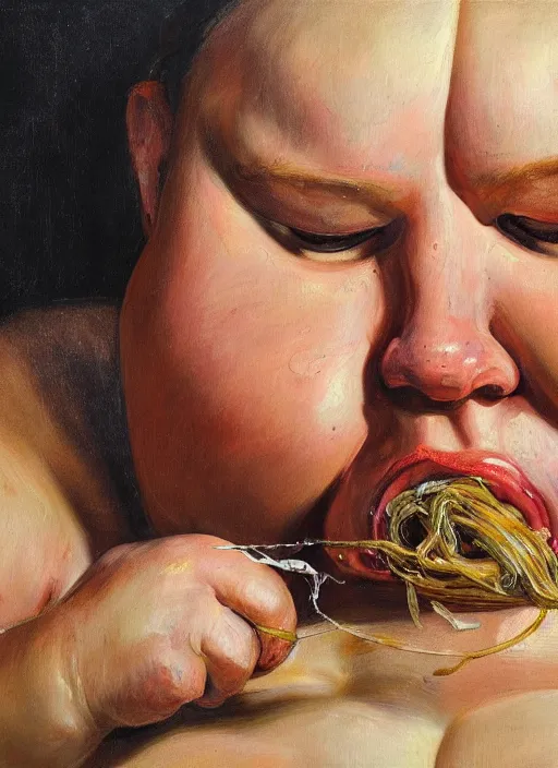 Image similar to high quality high detail painting by jenny saville, hd, a fat man eating spaghetti, photorealistic lighting