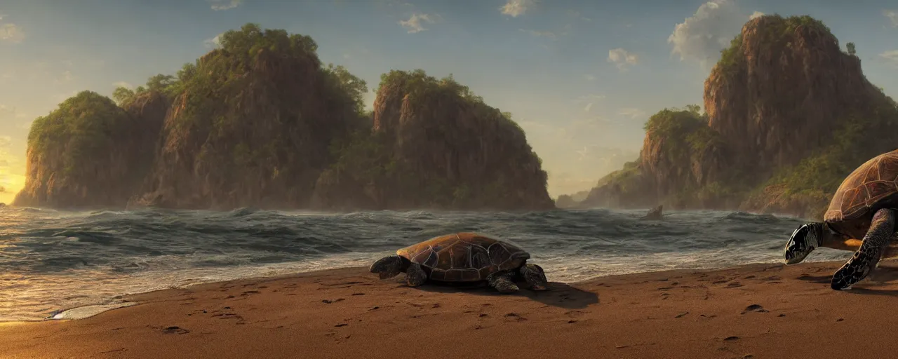 Prompt: turtle on beach, beautiful dynamic lighting, cinematic, wide angle establishing shot, extremely high detail, photo realistic, cinematic lighting, post processed, concept art, artstation, matte painting, style by frederic church, raphael lacoste, unreal engine 8k