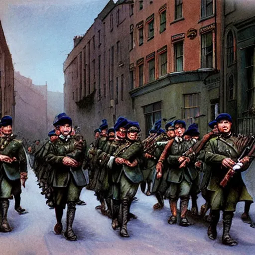 Image similar to Irish soldiers marching down the street in Dublin in 1916, by Marc Simonetti
