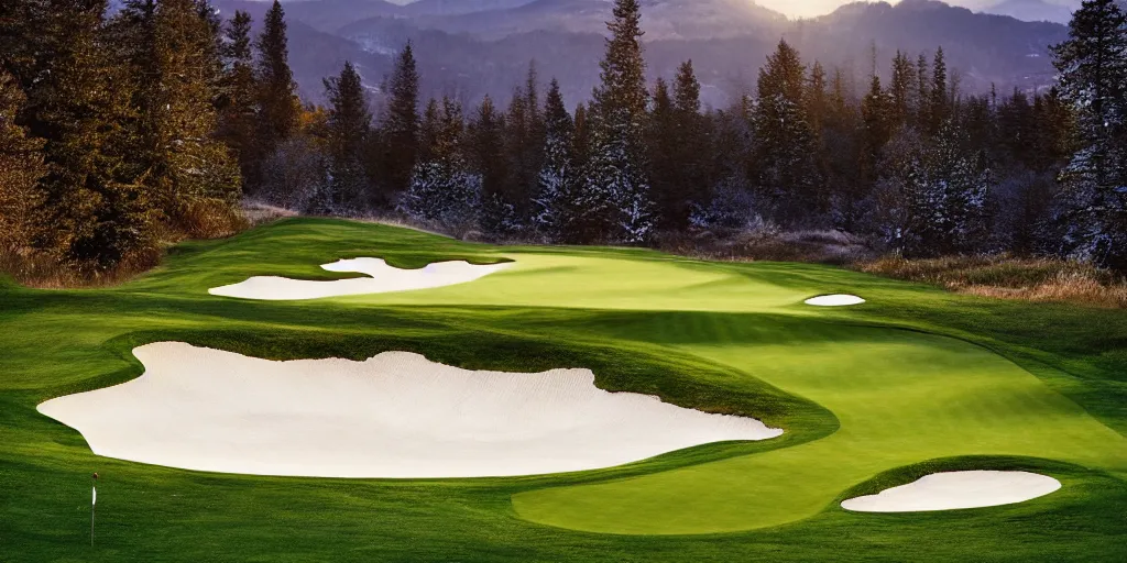 Image similar to a great photograph of the most amazing golf hole in the world, in winter, beautiful ambient light, golf digest, top 1 0 0,