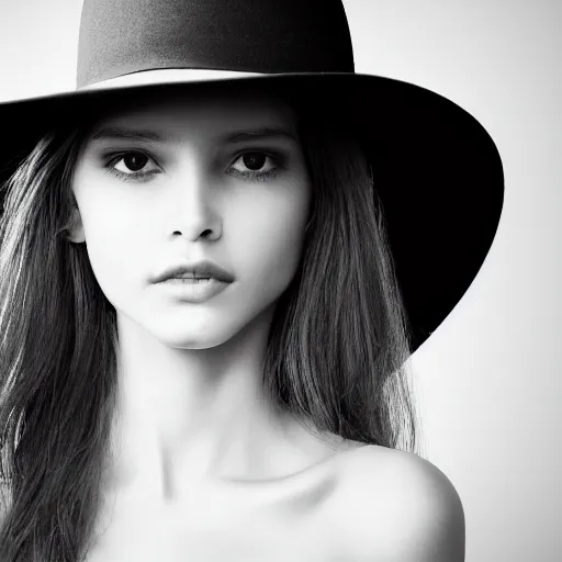 Prompt: black and white centered close-up of fashion model girl in wide white hat, hyperrealism