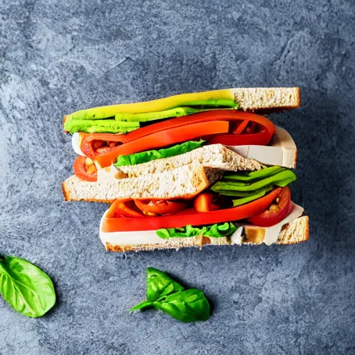 Image similar to sandwich with tofu, tomato, onion, avocado and cheddar, studio photo, amazing light