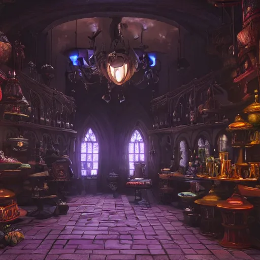 Prompt: inside a magical item shop, fantasy potion vendor interior, artgerm, yoshitaka amano, gothic interior, 8 k, octane render, unreal engine