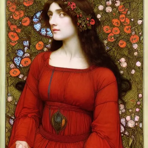 Image similar to Symmetric Pre-Raphaelite painting of a beautiful woman with dark hair in a silk dark red dress, surrounded by a halo frame of dark flowers and a highly detailed mathematical drawings of neural networks and geometry by Doré and Mucha, by John William Waterhouse, Pre-Raphaelite painting