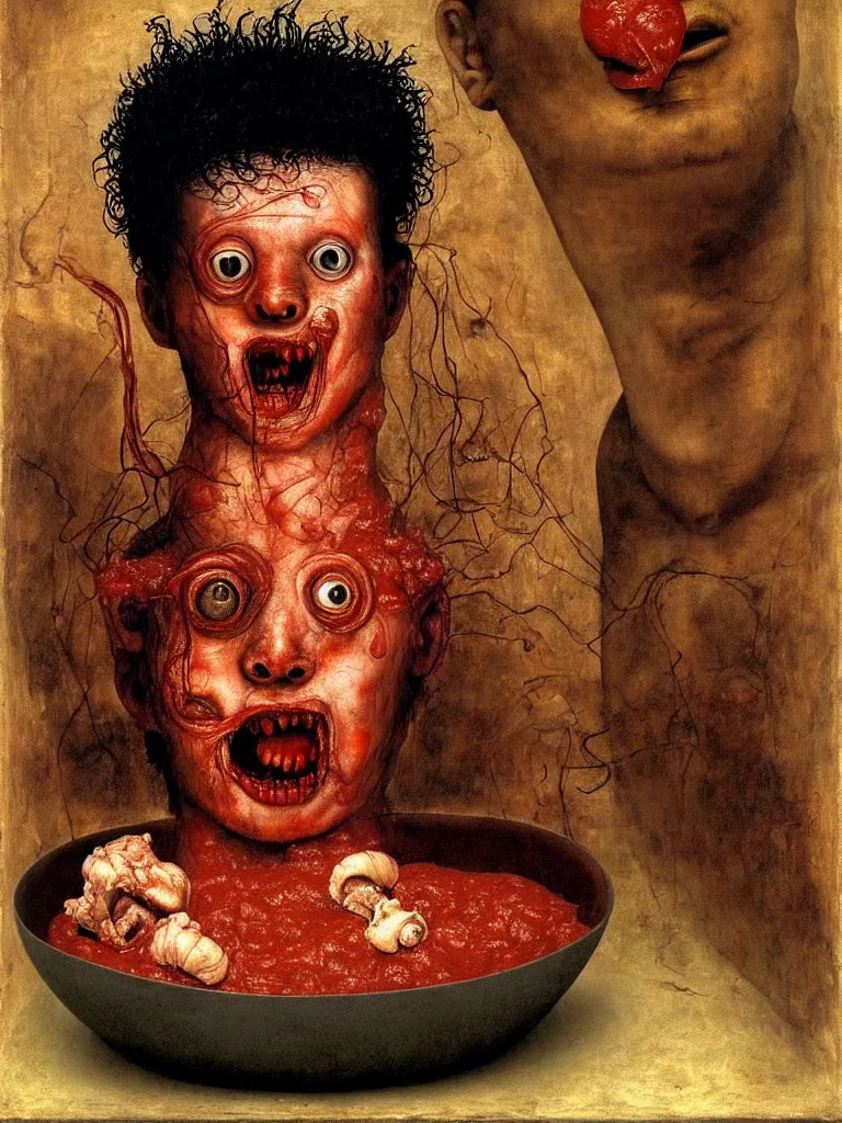 Prompt: a boy like eraserhead sitting in a tub full of tomato sauce, looking straight into camera, screaming in desperation, by giuseppe arcimboldo and ambrosius benson, renaissance, fruit, intricate and intense oil paint, a touch of joseph cornell, beksinski and hr giger and edward munch, realistic