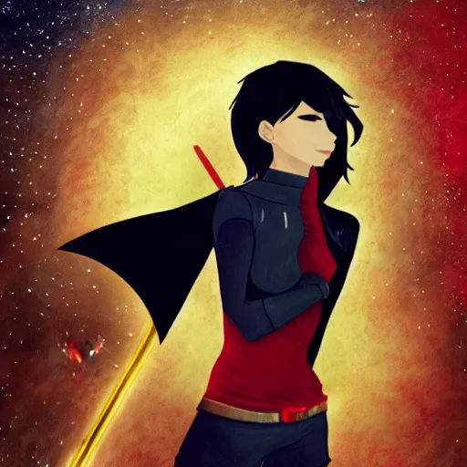 Image similar to full body portrait of Ruby Rose of RWBY, night time, star background, fantasy character portrait, casual pose, smiling, artwork by Vincent van Gogh and Amy Sherald, perfect face, simple form, 100m