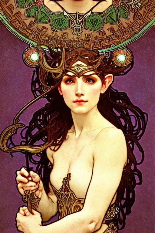 Image similar to head and shoulders portrait of an eldritch knight, elf, beautiful, female, breastplate, magical, high fantasy, d & d, by alphonse mucha, face details, extremely detailed, vogue fashion photo