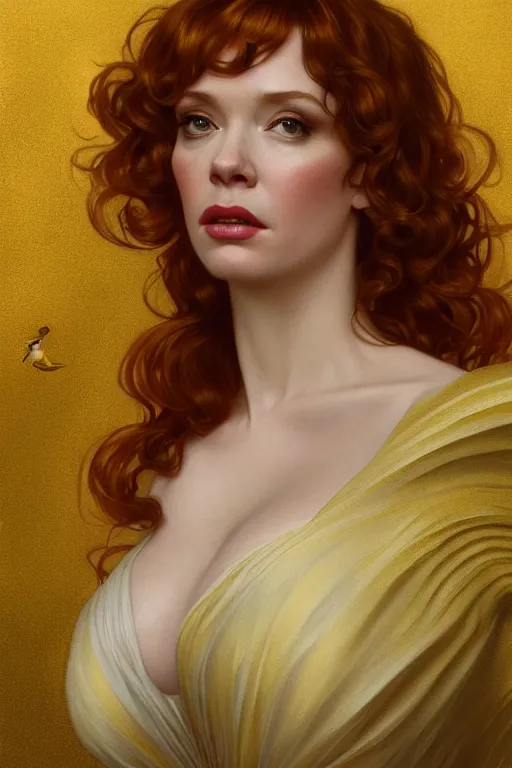 Image similar to a portrait of an angel christina hendricks wearing a golden dress, upper body, concept art, deep focus, sky, heaven, clouds, intricate, highly detailed, digital painting, artstation, matte, sharp focus, illustration, art by greg rutkowski and alphonse mucha