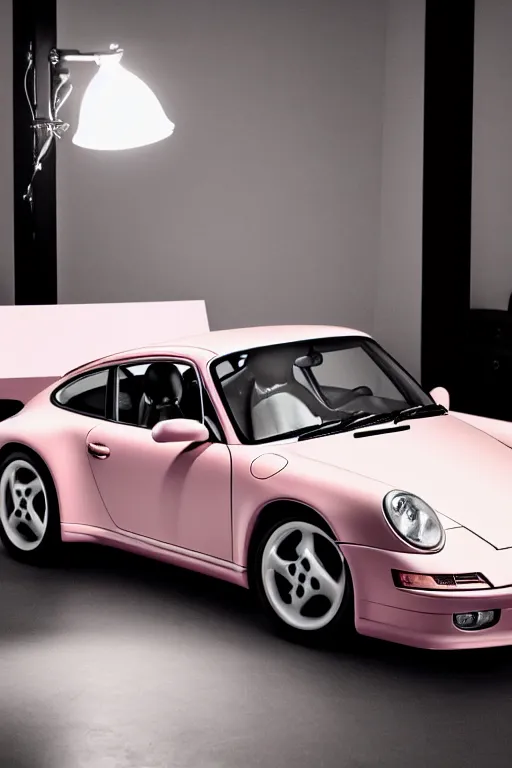 Prompt: Portrait of a light pink Porsche 911 Carrera 3.2 under a studio lamp in a dark room, photoshoot for vogue magazine.