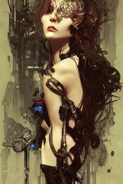 Image similar to beautiful pale cyberpunk gothic maiden, master drawing, intricate, elegant, highly detailed, digital painting, artstation, concept art, smooth, sharp focus, illustration, art alphonse mucha and james gurney and craig mullins and wlop