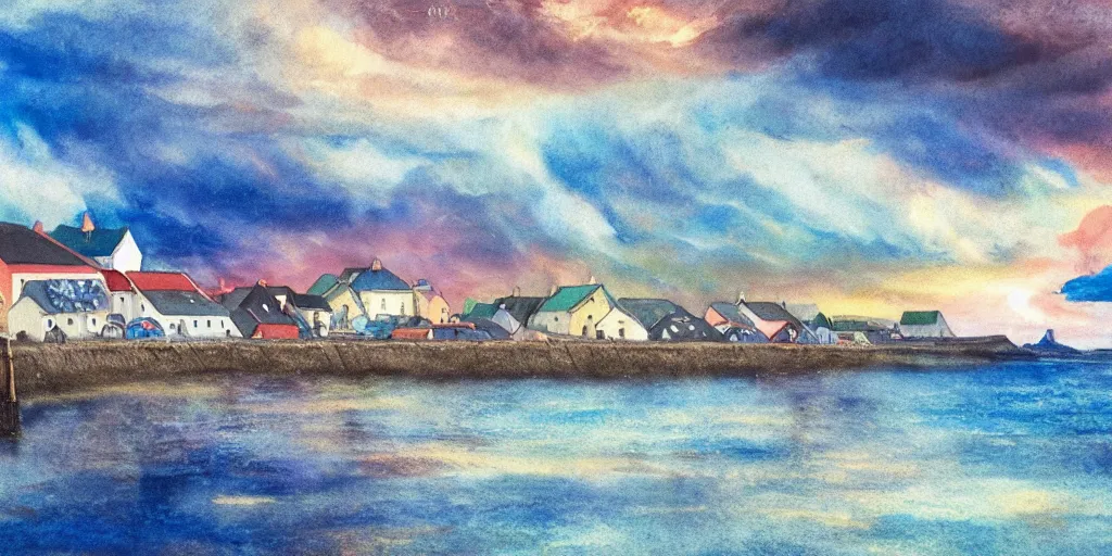 Image similar to a beautiful painting of a icelandic fishing village, storm clouds gathering over the town, by studio ghibli 8 k pastel colours, smeared watercolours, golden light film grain