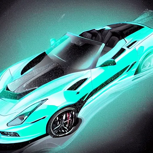 Image similar to a small dark luminous turquoise color liquid water sculpture is hybrid of a corvette convertible, a corvette made out of luminous turquoise color liquid water, viscous, reflective, monochromatic, digital art