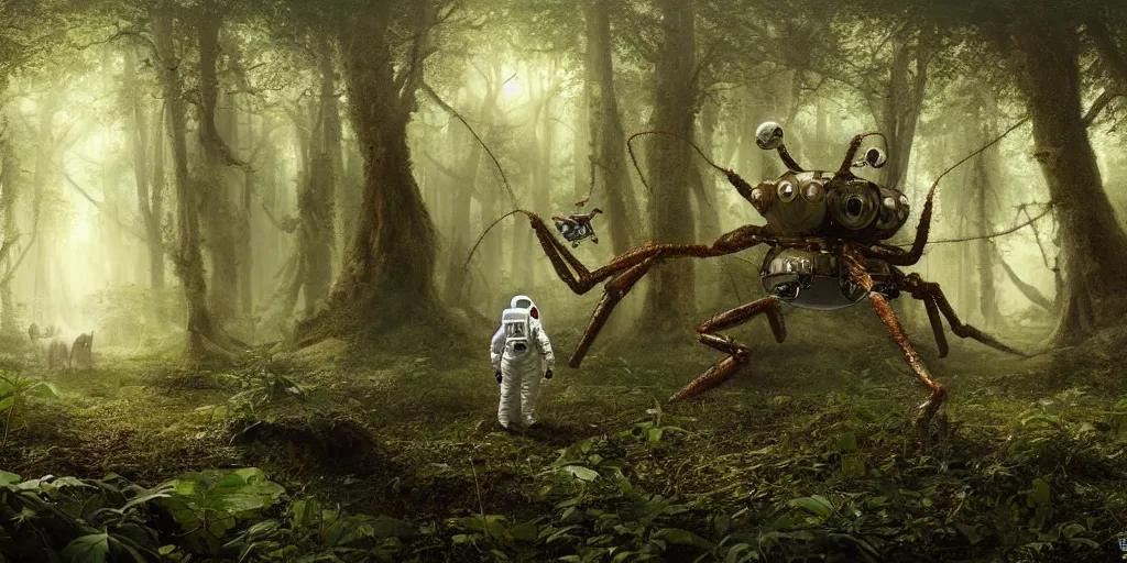 Image similar to an astronaut comes a across a furry spider - like creature in a forest, a detailed matte painting by frieke janssens, featured on cgsociety, space art, matte painting, matte drawing