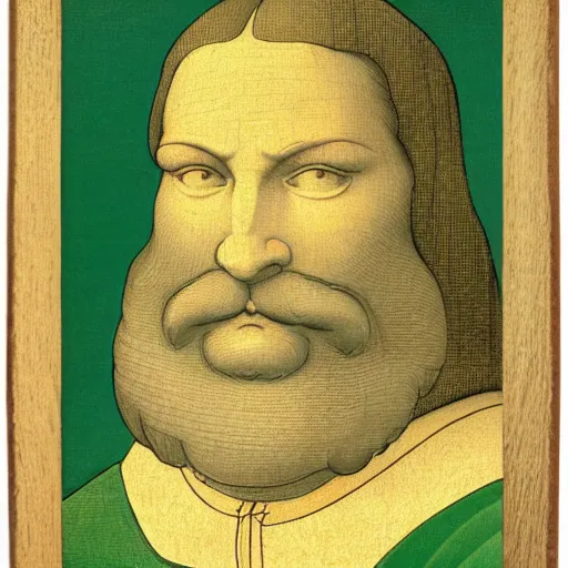 Image similar to portrait of leonardo da vinci in simple green background in the style of japanese cartoon and japanese wood print