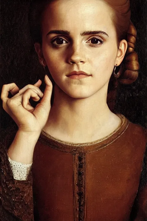 Prompt: stunning adorable portrait of emma watson, oil painting by jan van eyck and diego velazquez, oil on canvas, wet - on - wet technique, realistic, expressive emotions, detailed textures, illusionistic detail