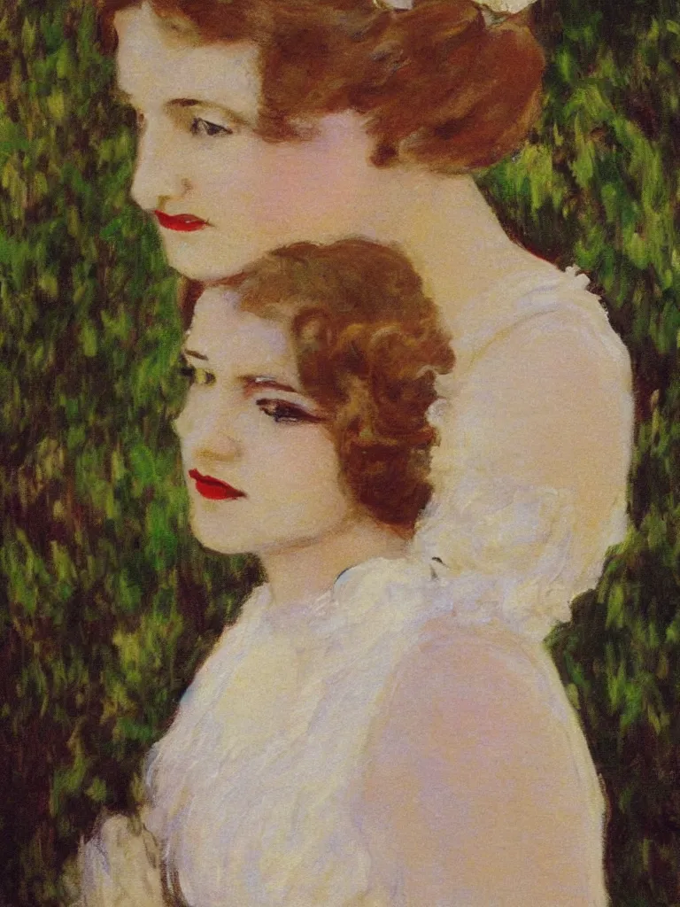 Image similar to portrait of < zelda fitzgerald > as a beautiful young lady wearing 1 9 2 0 s fashion, blurry face, brown hair, slim, fair, severe out of focus, depth of field, pleinairism, in the sun, backlit, closeup, oil on canvas, atr by monet, in the style of le promenade, smooth, impressionnisme, 8 k