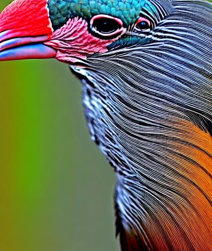 Prompt: a high resolution realistic close up photo portrait of a birdlike creature made of birds merged, rhino bower bird creature wrinkles pheasant, complex feathers exotic morphing kangaroo hoopoe, zebra morphing wings king vulture head