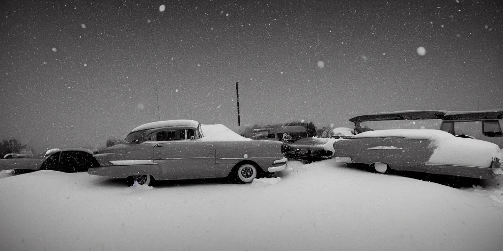 Image similar to detailed sharp photograph in the style of popular science circa 1 9 5 5 and gregory crewdson of a 1 9 5 0 s trailer park mid winter storm