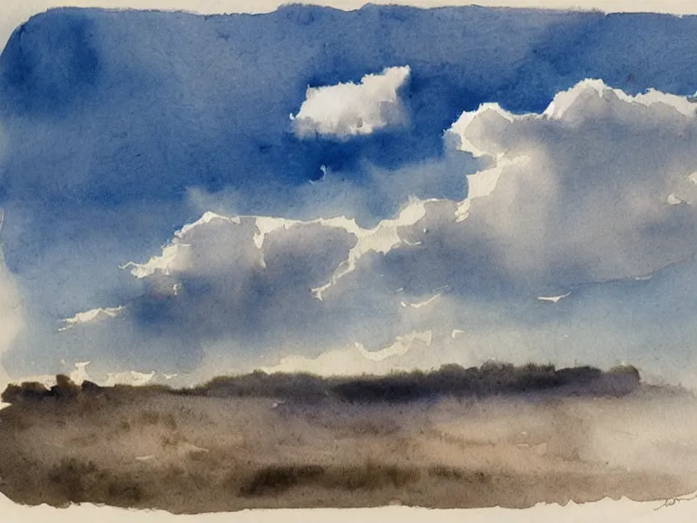 Prompt: blue sky, some clouds, watercolor, muted colors, by by jean - baptiste monge
