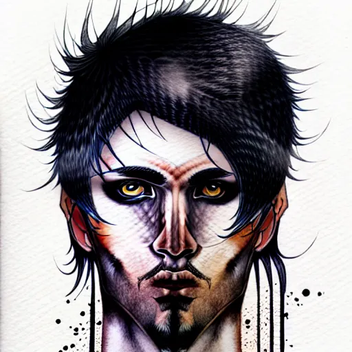 Image similar to hyper realistic ink and watercolor drawing of a handsome emo guy full portrait, detailed, rim light, diffused, intricate, axe, battle, emo by anna dittmann,