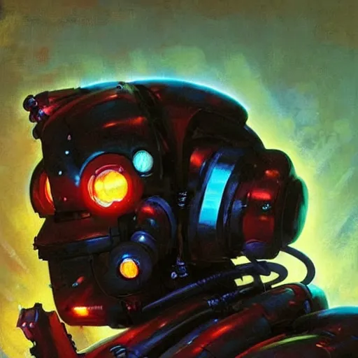 Prompt: a dark and colorful close - up of a sci - fi mecha tiger robot with led lights glowing fog in the background. highly detailed science fiction painting by norman rockwell, frank frazetta, and syd mead. rich colors, high contrast, gloomy atmosphere, dark background. trending on artstation