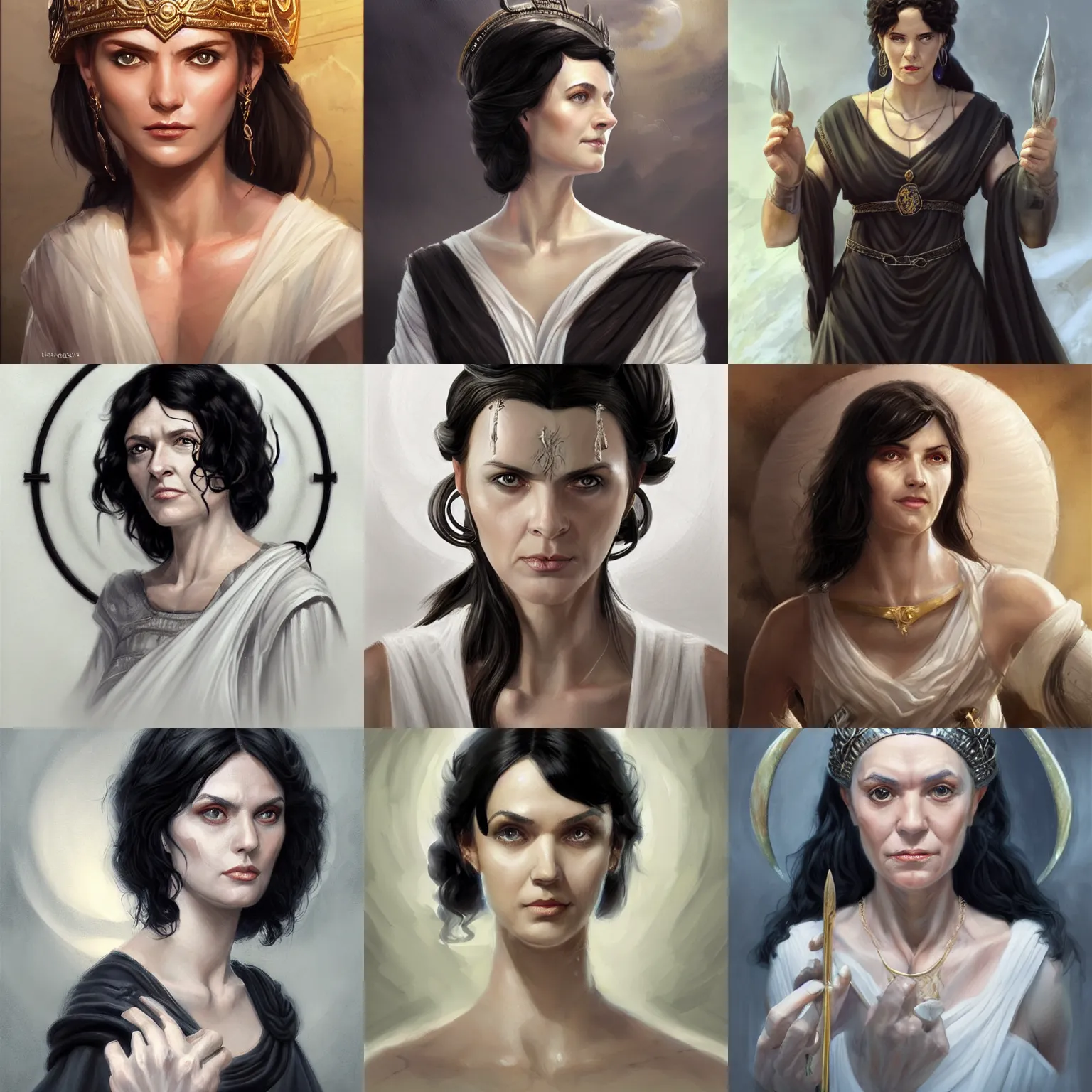 Prompt: hestia, helen mcrory, elderly greek goddess, black hair, white tunic, d & d, fantasy, portrait, highly detailed, headshot, digital painting, trending on artstation, concept art, sharp focus, illustration, art by artgerm and greg rutkowski and magali villeneuve