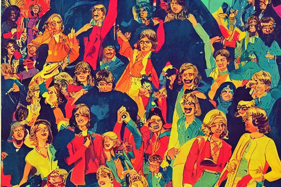 Image similar to an ideal society, a new world to live in, bright colors, 1 9 7 0 s grainy vintage illustration, detailed, epic,