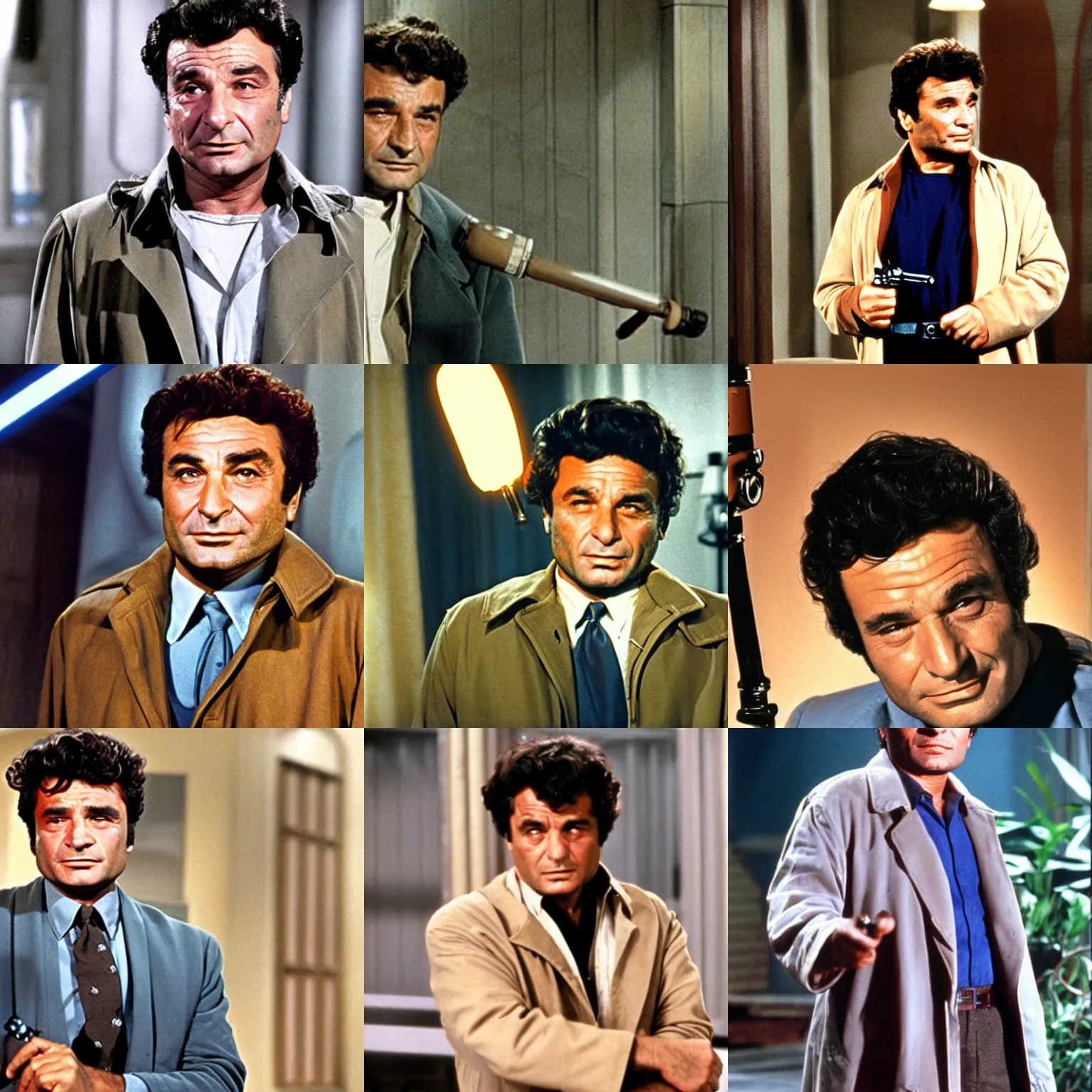 Prompt: a young peter falk as detective columbo in his tan trenchcoat, insincerely smirking, holding a blue lightsaber