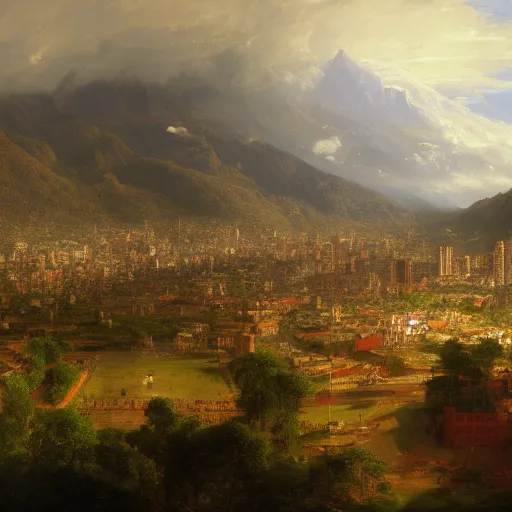 Prompt: bogota, colombia, painted by thomas cole, with dramatic lighting, concept art, matte painting, 8 k, highly detailed, artstation