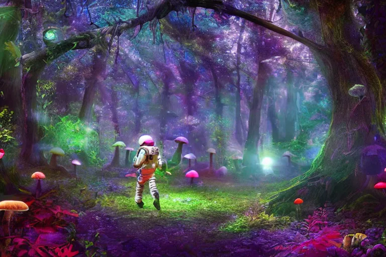 Prompt: An astronaut walking in an enchanted fantasy forest. Colorful. Glowing mushrooms. Flying fairies. Cinematic lighting. Photorealism.
