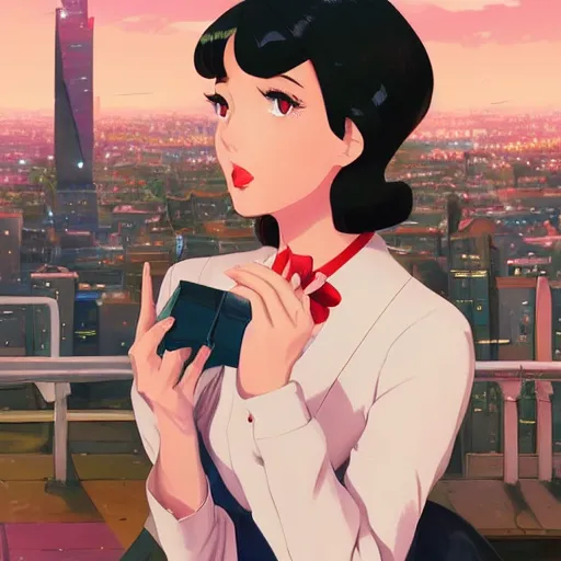 Image similar to portrait of a beautiful girl with dark hair dressed in 1950's fashion, city background, rich vivid colors, ambient lighting, dynamic lighting, 4k, HQ, official media, anime key visual, makoto shinkai, ilya kuvshinov, lois van baarle, rossdraws, detailed, trending on artstation