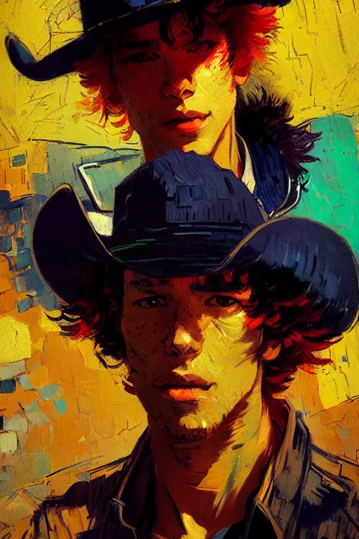 Image similar to portrait of a beautiful cowboy bebop, complementary colors, beautiful face, rule of thirds, intricate outfit, spotlight, by greg rutkowski, by jeremy mann, by francoise nielly, by van gogh, digital painting