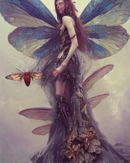 Image similar to Moth Fairy Maiden with large moth like wings wearing ornate dress by Ruan Jia and Andrei Riabovitchev, featured on Artstation, Hyperdetailed, stylized, realistic oil on linen, masterpiece, fantasy